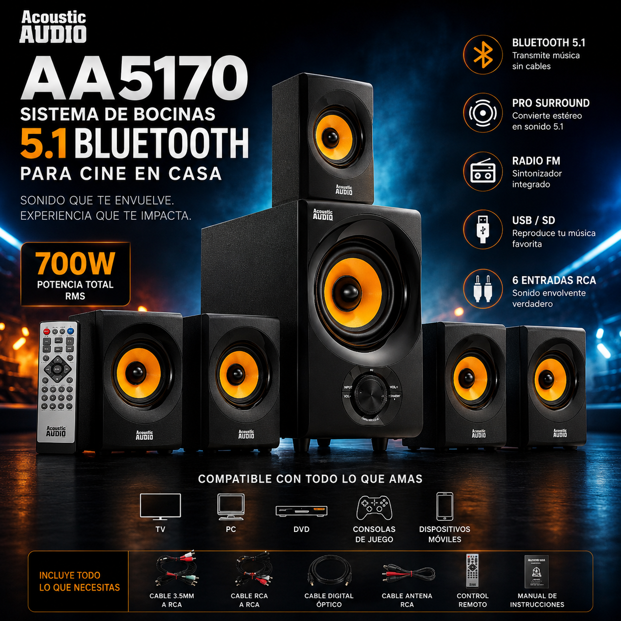 Acoustic Audio AA5170 Sistema de Bocinas Bluetooth 5.1 para Cine en Casa 700W con Subwoofer