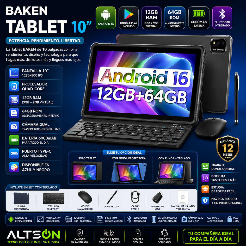 Tablet BAKEN 10" | Android 16 | 12GB RAM + 64GB | Quad-Core | 6000mAh | Dual Cámara | Azul y Negro