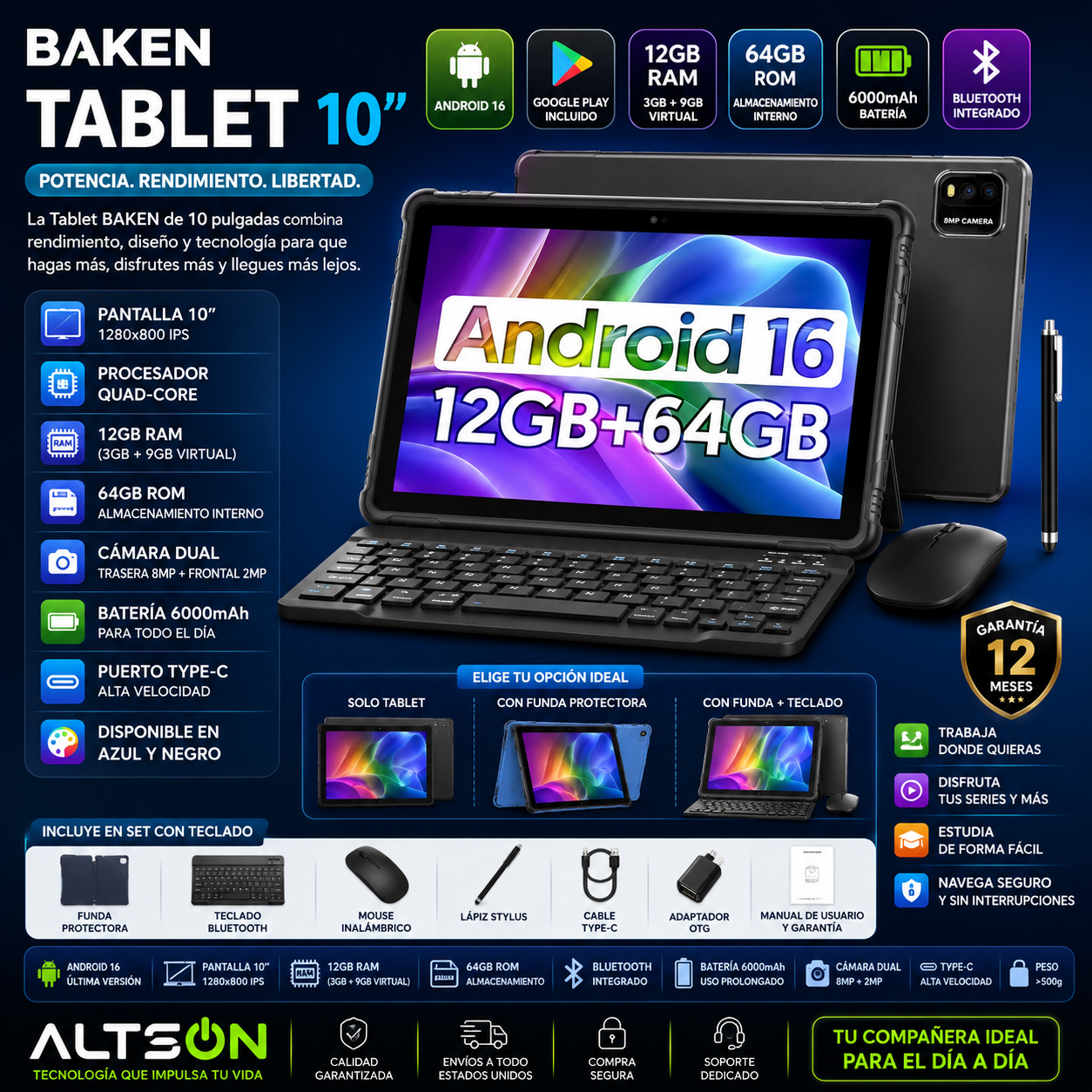 Tablet BAKEN 10" | Android 16 | 12GB RAM + 64GB | Quad-Core | 6000mAh | Dual Cámara | Azul y Negro