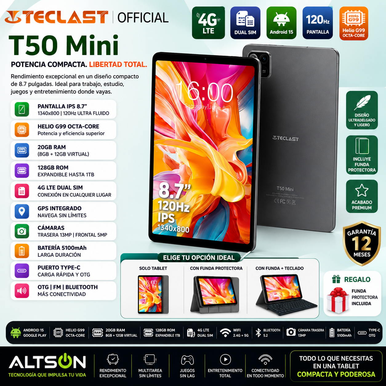 Tablet Teclast T50 Mini 8.7" | Android 15 | 20GB RAM + 128GB | 4G LTE | 120Hz | G99 Octa-Core | GPS | Con Funda
