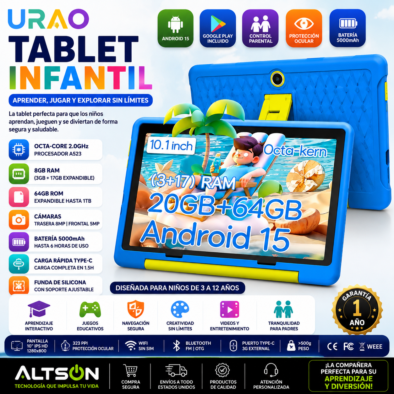 Tablet Infantil URAO 10" | Android 15 | 8GB RAM + 64GB | Octa-Core | 5000mAh | Control Parental | Con Funda