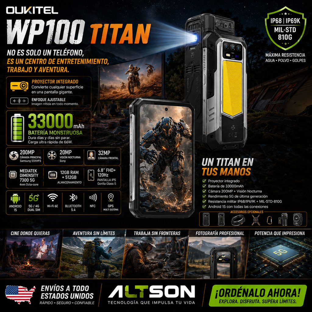 OUKITEL WP100 Titan | Rugged Smartphone 5G Proyector 200MP 33000mAh 66W | Android 15 NFC