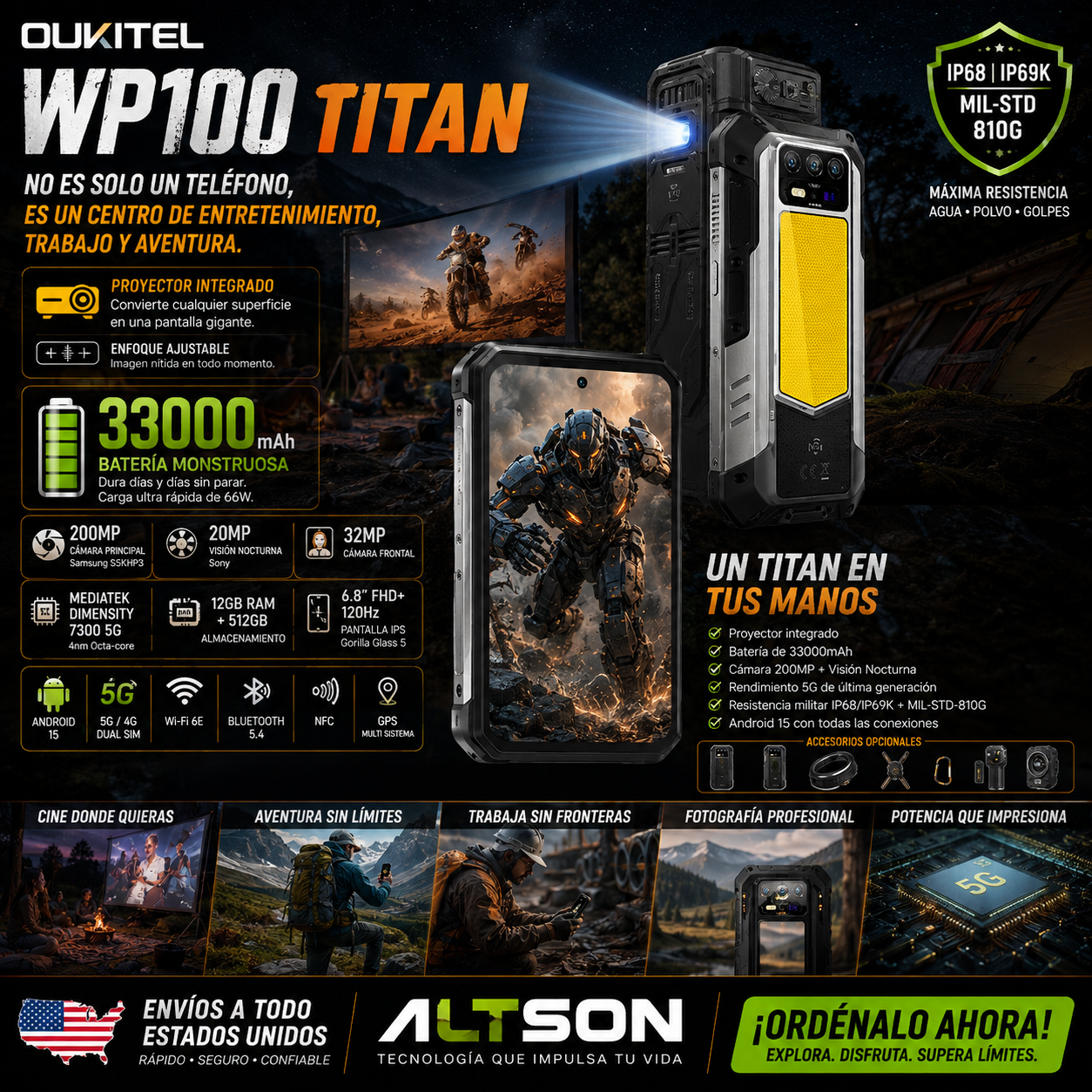 OUKITEL WP100 Titan | Rugged Smartphone 5G Proyector 200MP 33000mAh 66W | Android 15 NFC