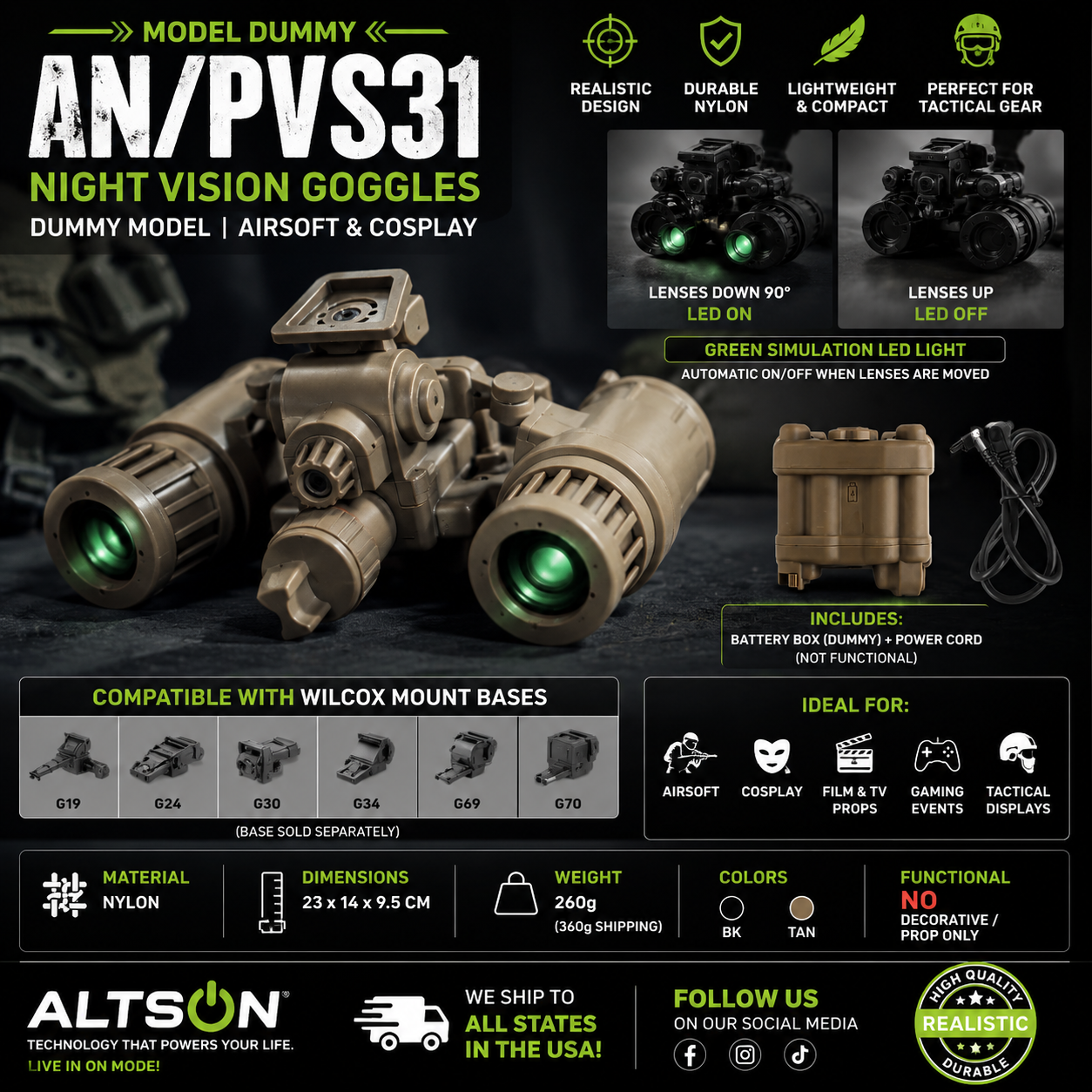 AN/PVS31 Binocular Night Vision Goggles Dummy Model | Airsoft Helmet Prop | Cosplay & Film | BK/TAN